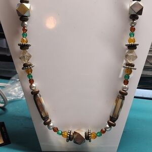 Vtg Acrylic Beaded Necklace Long 24 In Silver Topaz Blue Retro Boho Jewelry
